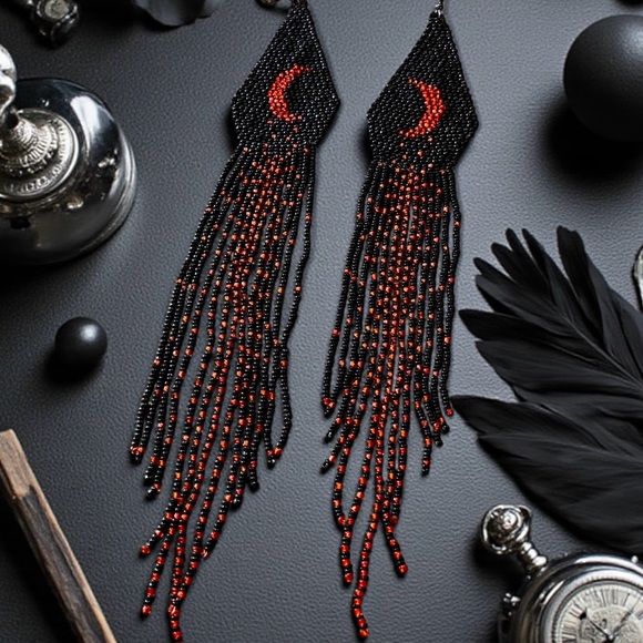 Hand Beaded Black/Red Extra Long Boho Crescent Moon Earrings - Picture 14 of 16